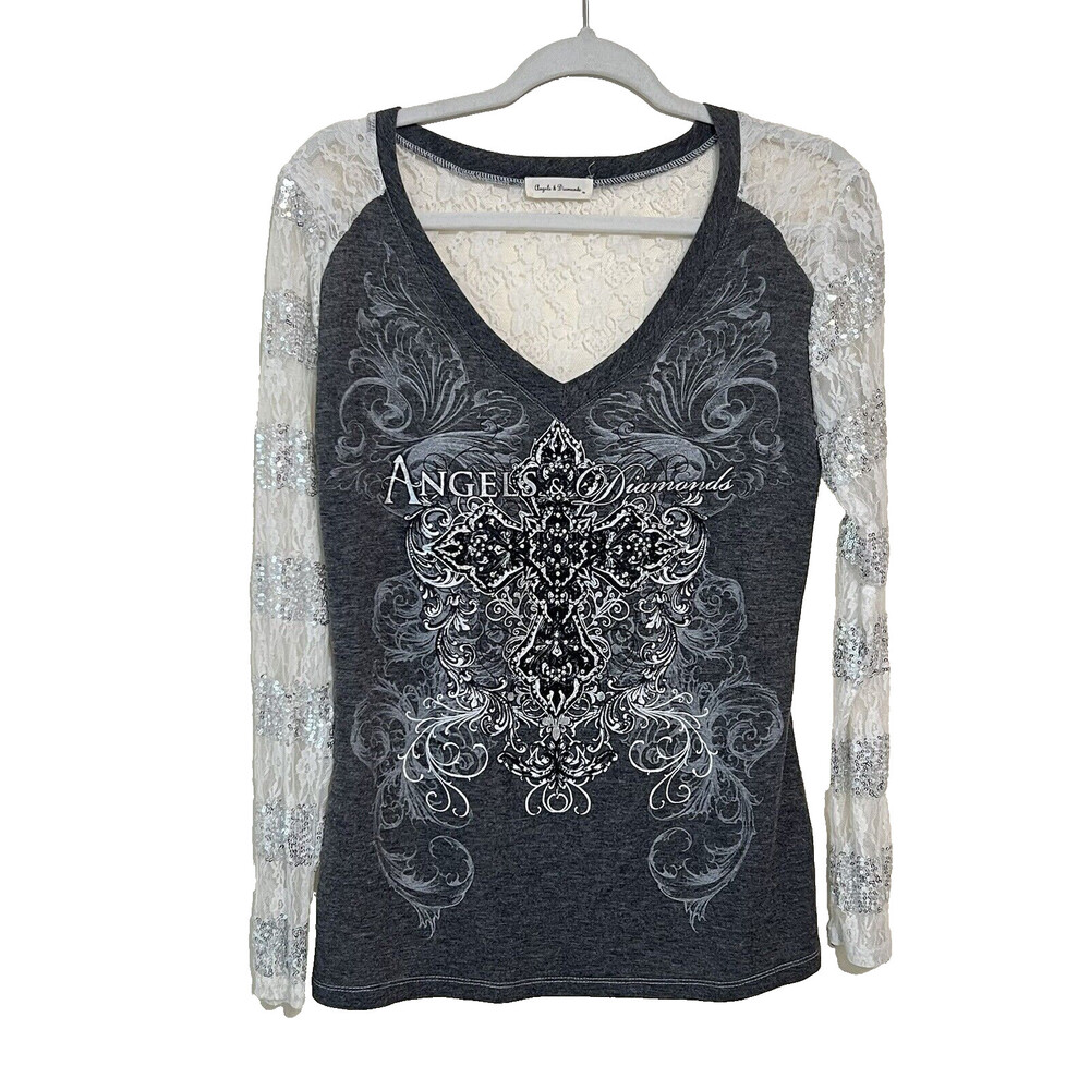 Angels & Diamonds - Women's Celtic Cross Sequined Lace Back Long Sleeve Tee L